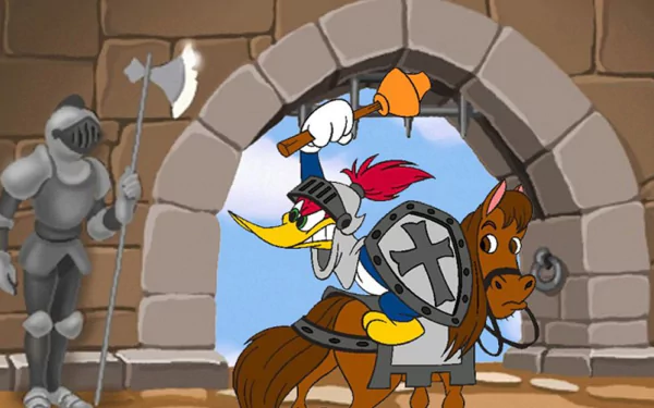 HD PC desktop wallpaper featuring Woody Woodpecker dressed as a knight riding a horse inside a castle, inspired by the Woody Woodpecker TV show.