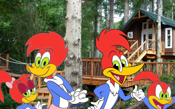 2K Quad HD PC desktop wallpaper of TV show character Woody Woodpecker—multiple smiling Woodpeckers in a forest clearing with a wooden cabin in the background.