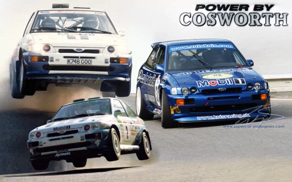 HD PC desktop wallpaper featuring three Ford Escort rally cars in action, showcasing the iconic vehicle powered by Cosworth.