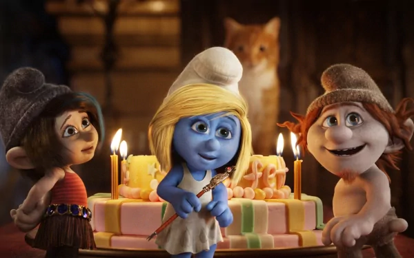 HD PC desktop wallpaper featuring characters from the movie The Smurfs 2 gathered around a birthday cake with a cat in the background.