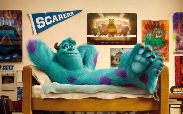 James P. Sullivan, the lovable character from Monsters University, relaxes in his dorm room, surrounded by college memorabilia and posters, in this vibrant HD wallpaper.