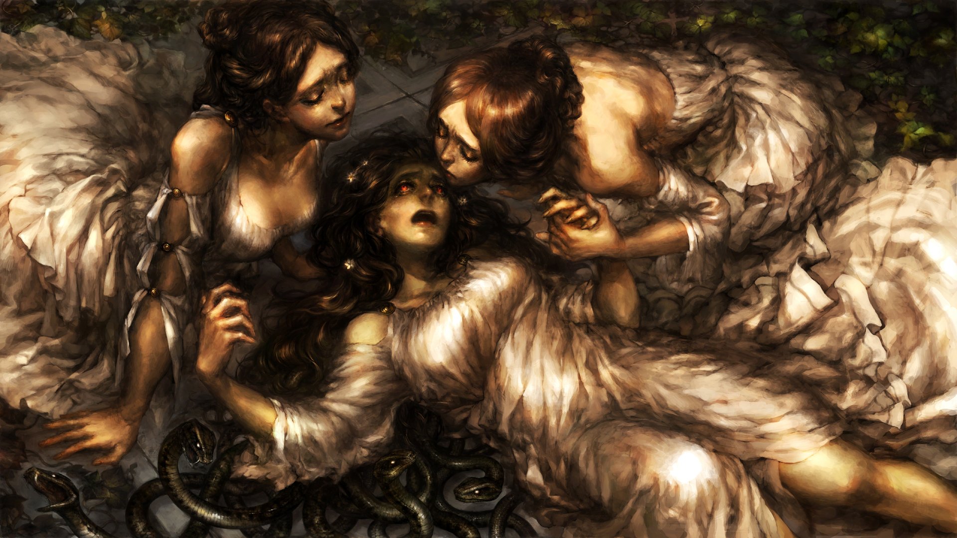 HD PC desktop wallpaper from the video game Dragon's Crown, depicting three women in tattered white dresses surrounded by dark, serpentine shapes in a dramatic, fantasy art style.