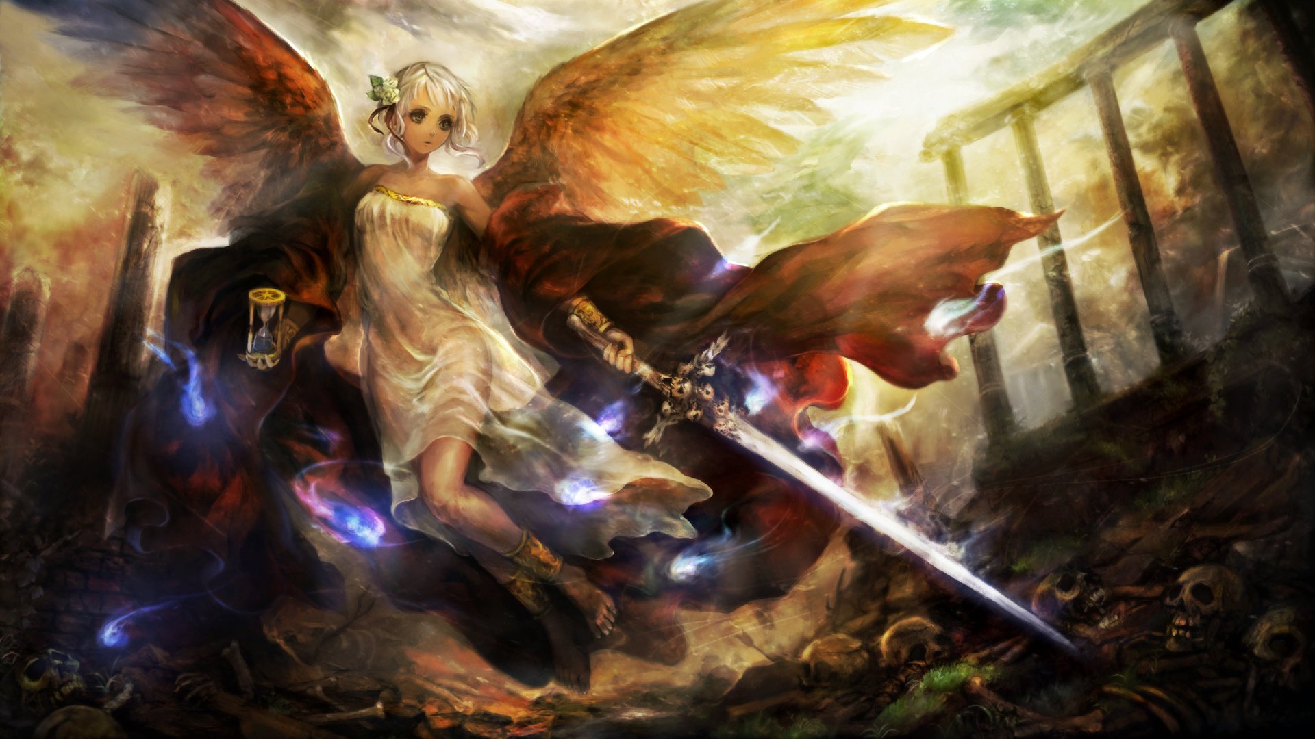 Dragons Crown video game 2K Quad HD PC wallpaper: an angelic winged warrior in a flowing white dress and cloak, brandishing a glowing sword over a battlefield of skulls and ruined pillars.