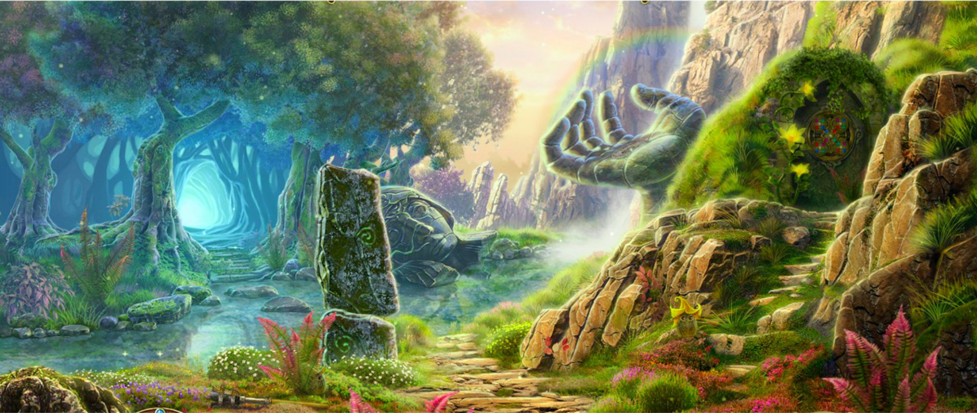 A vibrant fantasy landscape features lush greenery, mystical rocks, and a giant hand emerging from the foliage, creating a serene and enchanting atmosphere for a desktop wallpaper.