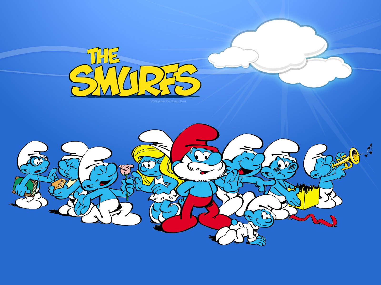HD PC desktop wallpaper featuring a comic-style image of The Smurfs characters against a bright blue sky with a white cloud.