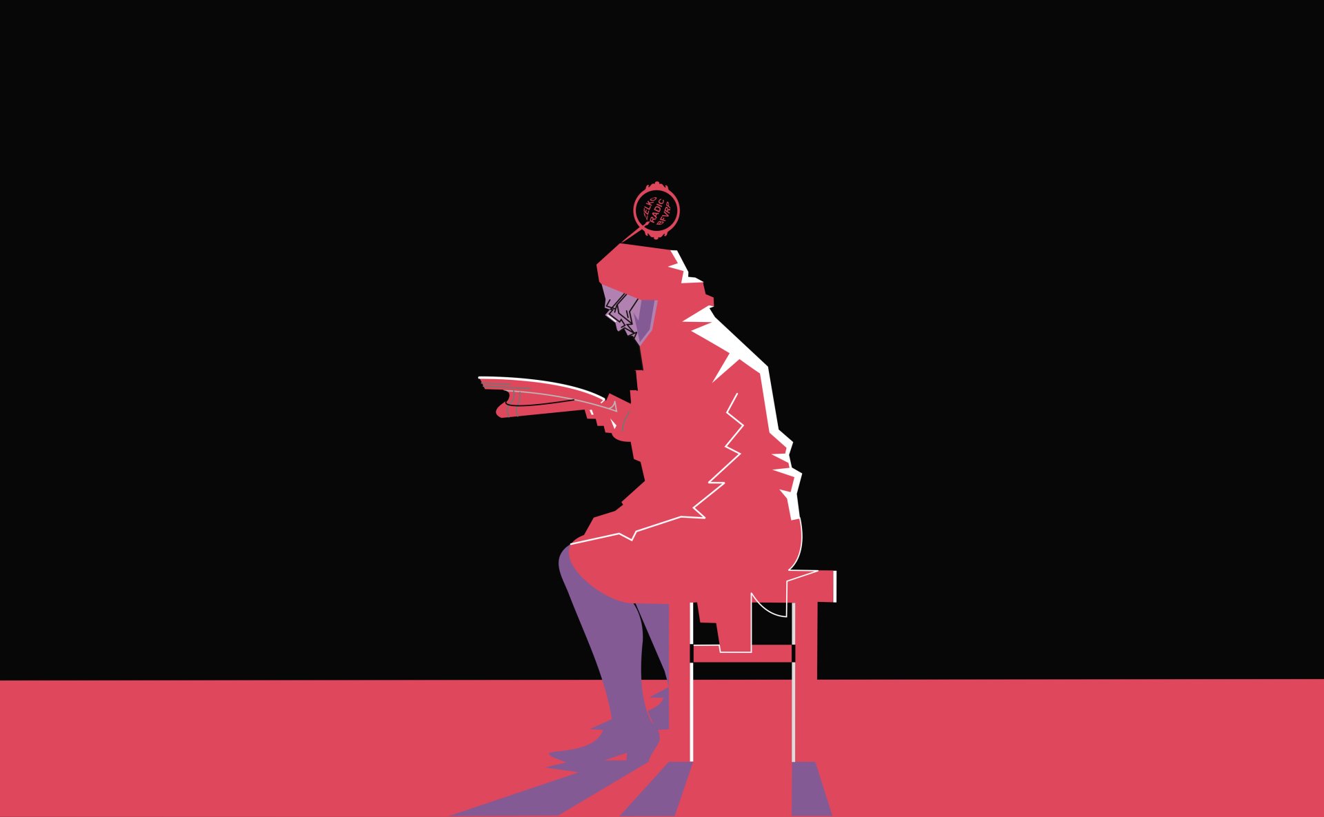 Artistic geometric illustration of a woman seated on a chair, reading a newspaper against a black and red background, designed as a 4K Ultra HD theater-themed desktop wallpaper.