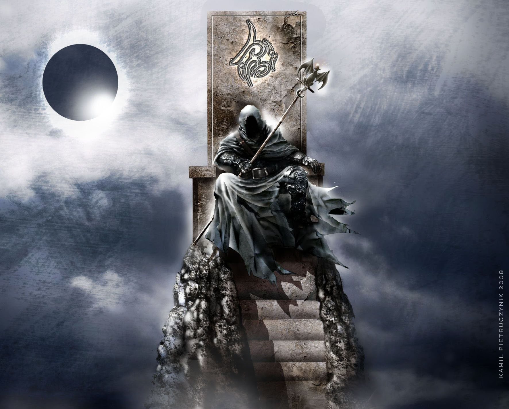 HD PC desktop wallpaper featuring a dark, cloaked figure seated on a throne under an eclipsed sun, with a mystical atmosphere linked to music and Pyramaze.