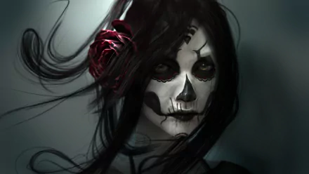 HD desktop wallpaper featuring an artistic depiction of a woman with sugar skull makeup, enhanced by dark tones and a red rose in her hair.