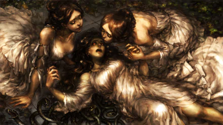 HD PC desktop wallpaper from the video game Dragon's Crown, depicting three women in tattered white dresses surrounded by dark, serpentine shapes in a dramatic, fantasy art style.
