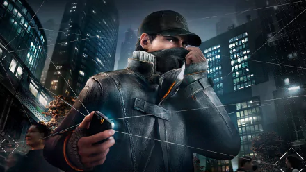 HD desktop wallpaper featuring Aiden Pearce from the video game Watch Dogs, shown with a phone in hand, partially covering his face in a bustling city setting.