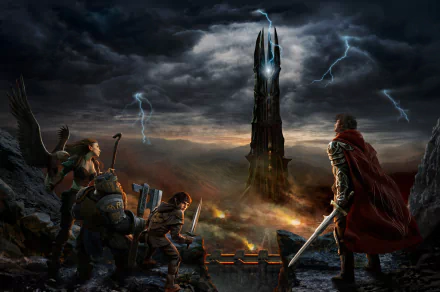 A dramatic HD wallpaper showcasing fantasy warriors standing before the dark tower of Mordor, inspired by The Lord of the Rings: The Battle for Middle-Earth II, with a stormy sky overhead.
