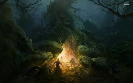 HD desktop wallpaper depicting a fantasy scene from The Lord of the Rings with characters encamped by a fire in a mystical, foggy forest.