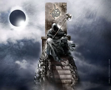HD PC desktop wallpaper featuring a dark, cloaked figure seated on a throne under an eclipsed sun, with a mystical atmosphere linked to music and Pyramaze.