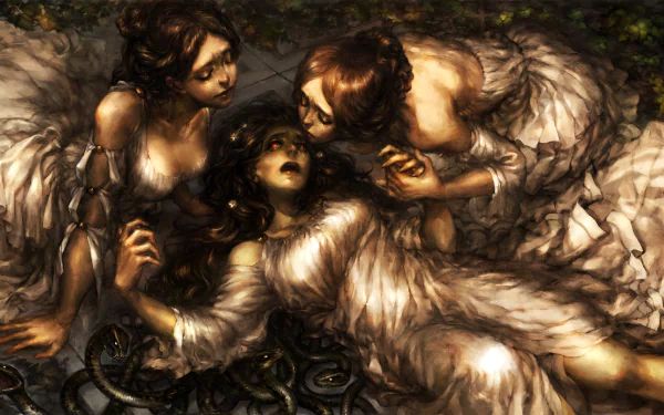 HD PC desktop wallpaper from the video game Dragon's Crown, depicting three women in tattered white dresses surrounded by dark, serpentine shapes in a dramatic, fantasy art style.