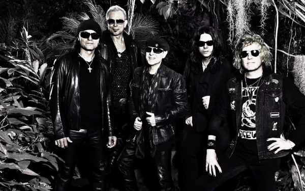 HD PC desktop wallpaper featuring the rock band Scorpions in black and white, highlighting their iconic style in a music-themed portrait.