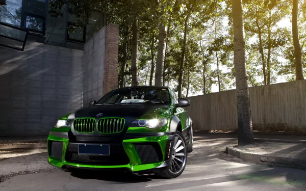 A striking BMW X6, featuring a bold black and green design, is parked amidst trees, showcasing its sporty aesthetic in this HD desktop wallpaper.