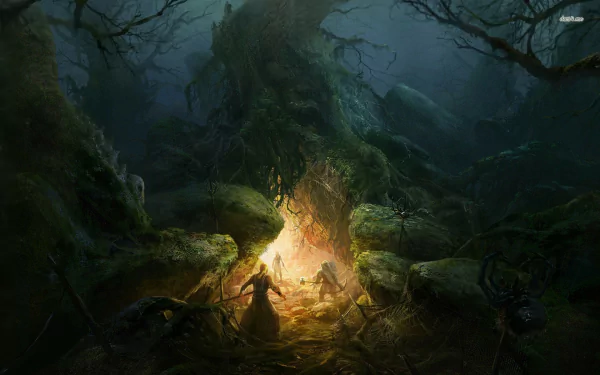 HD desktop wallpaper depicting a fantasy scene from The Lord of the Rings with characters encamped by a fire in a mystical, foggy forest.