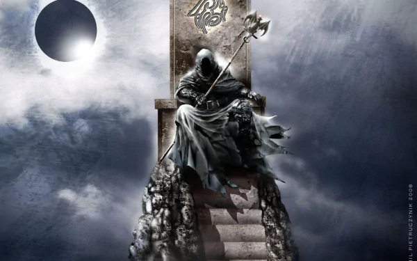 HD PC desktop wallpaper featuring a dark, cloaked figure seated on a throne under an eclipsed sun, with a mystical atmosphere linked to music and Pyramaze.