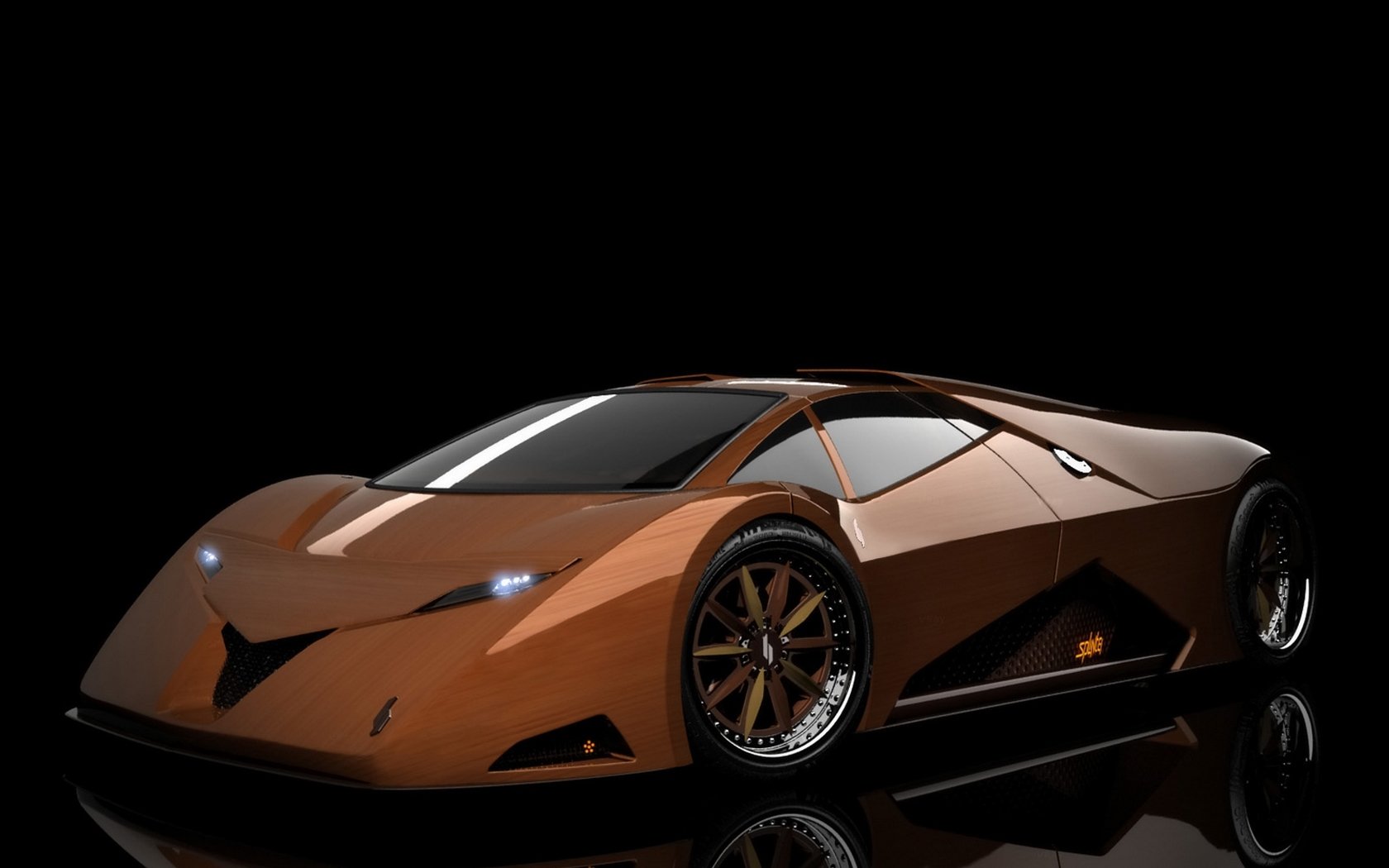 Futuristic brown sports vehicle labeled Splinter, reflected on a glossy black surface — HD PC desktop wallpaper and background.