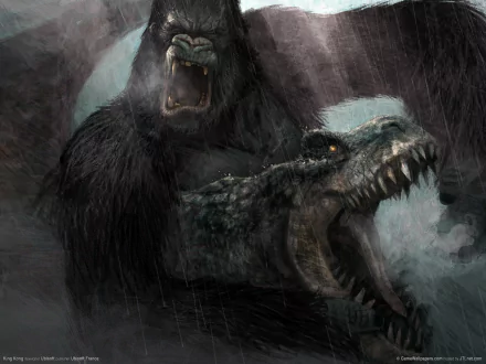 A dramatic HD wallpaper featuring King Kong in an epic confrontation with a dinosaur, set against a stormy backdrop, capturing the intensity of video game action.