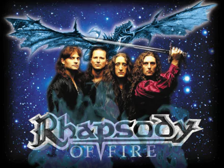 HD PC desktop wallpaper of Rhapsody Of Fire: four band members against a starry blue backdrop, dragon wings above them and the band's logo at the bottom.