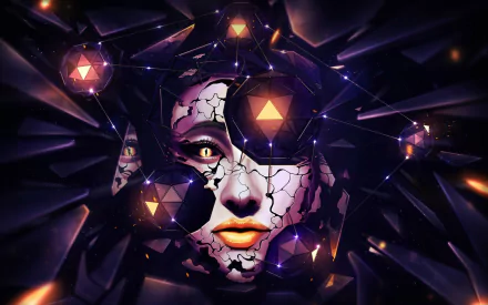 Artistic artwork HD PC desktop wallpaper and background: a surreal cracked porcelain face amid glowing geometric orbs and triangular lights, framed by dark crystalline shards in purple-orange neon.