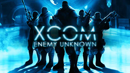 XCOM: Enemy Unknown HD PC desktop wallpaper featuring silhouetted soldiers and a glowing XCOM logo against a blue, sci‑fi alien backdrop — video game background
