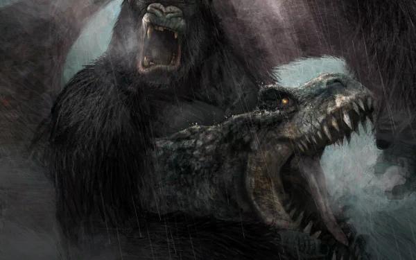 A dramatic HD wallpaper featuring King Kong in an epic confrontation with a dinosaur, set against a stormy backdrop, capturing the intensity of video game action.