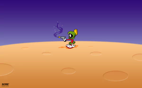 HD desktop wallpaper featuring Marvin the Martian from the Looney Tunes TV show standing on a barren, cratered surface with a purple gradient sky.