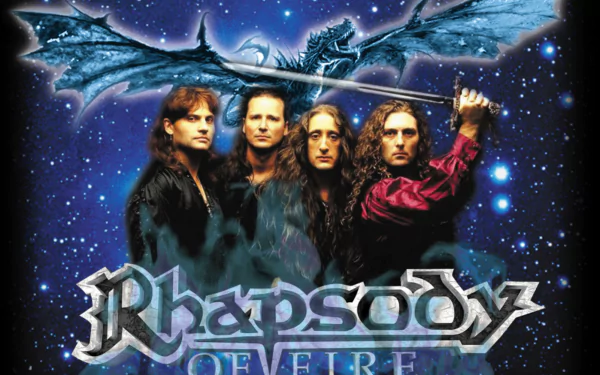 HD PC desktop wallpaper of Rhapsody Of Fire: four band members against a starry blue backdrop, dragon wings above them and the band's logo at the bottom.