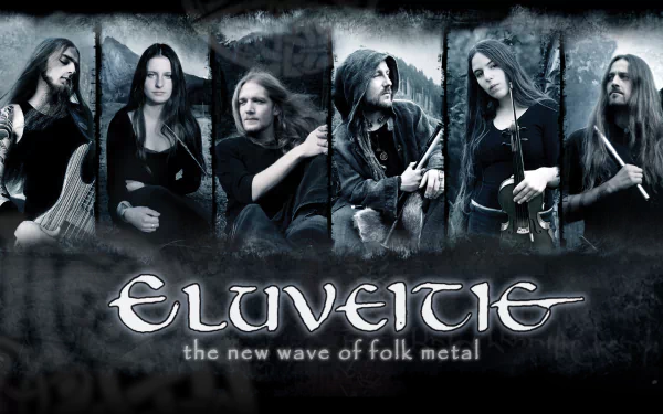 A captivating HD desktop wallpaper featuring the folk metal band Eluveitie, showcasing the members in striking poses against a dramatic backdrop.