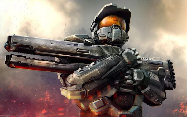HD desktop wallpaper featuring a character in combat armor from the video game Halo 4, with an intense backdrop depicting a fiery sky.