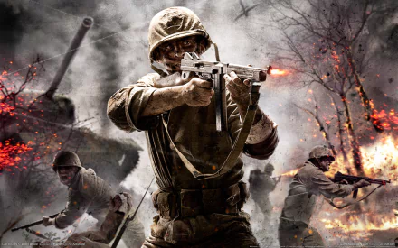 HD PC wallpaper featuring intense Call of Duty 3 action with soldiers in combat, set in a fiery warzone typical of the iconic video game series.