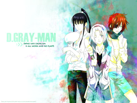 HD anime wallpaper featuring Lavi, Yu Kanda, and Allen Walker from D.Gray-man with a colorful, artistic background and the D.Gray-man logo and quote.