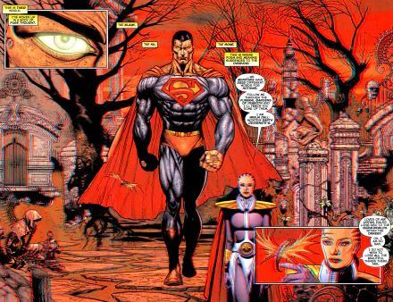 Superman Beyond comic: Superman walks through a gothic cityscape; vibrant panels and a red cape — 2K Quad HD PC desktop wallpaper background.