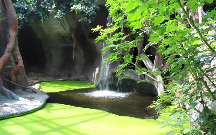 HD desktop wallpaper featuring a serene man-made garden with a small waterfall flowing into a pond surrounded by lush greenery.