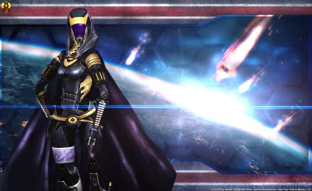 Tali'Zorah, the Quarian character from Mass Effect, stands in detailed armor against a cosmic backdrop in this 4K Ultra HD PC desktop wallpaper and background.