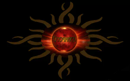 HD PC desktop wallpaper and background: Godsmack music logo — a fiery red orb with stylized sun rays set against a black backdrop.