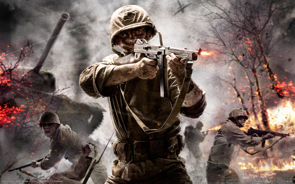 HD PC wallpaper featuring intense Call of Duty 3 action with soldiers in combat, set in a fiery warzone typical of the iconic video game series.