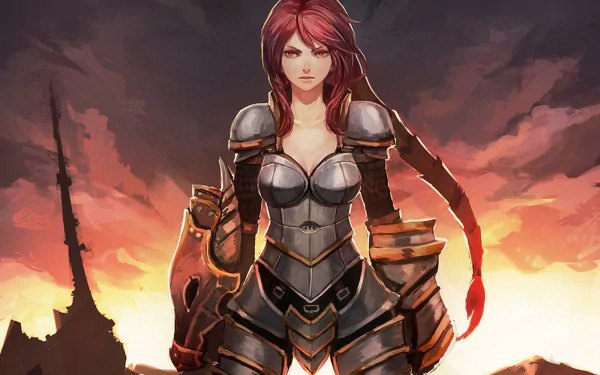 Shyvana from League of Legends stands confidently in silver armor against a dramatic sunset backdrop, showcasing her formidable presence as a popular video game character.
