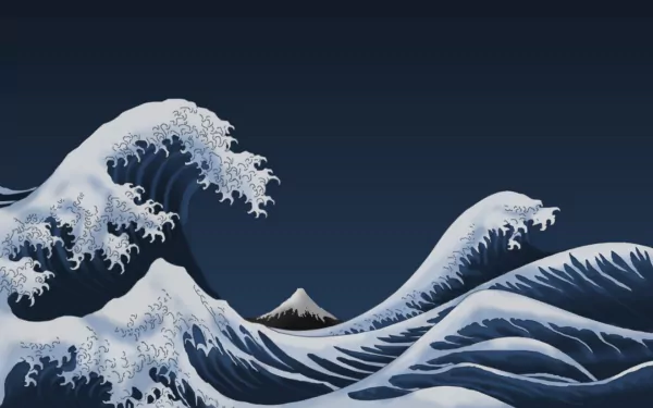 Artistic HD PC desktop wallpaper featuring dynamic, stylized ocean waves with detailed white foam against a deep blue sky and a distant mountain silhouette.