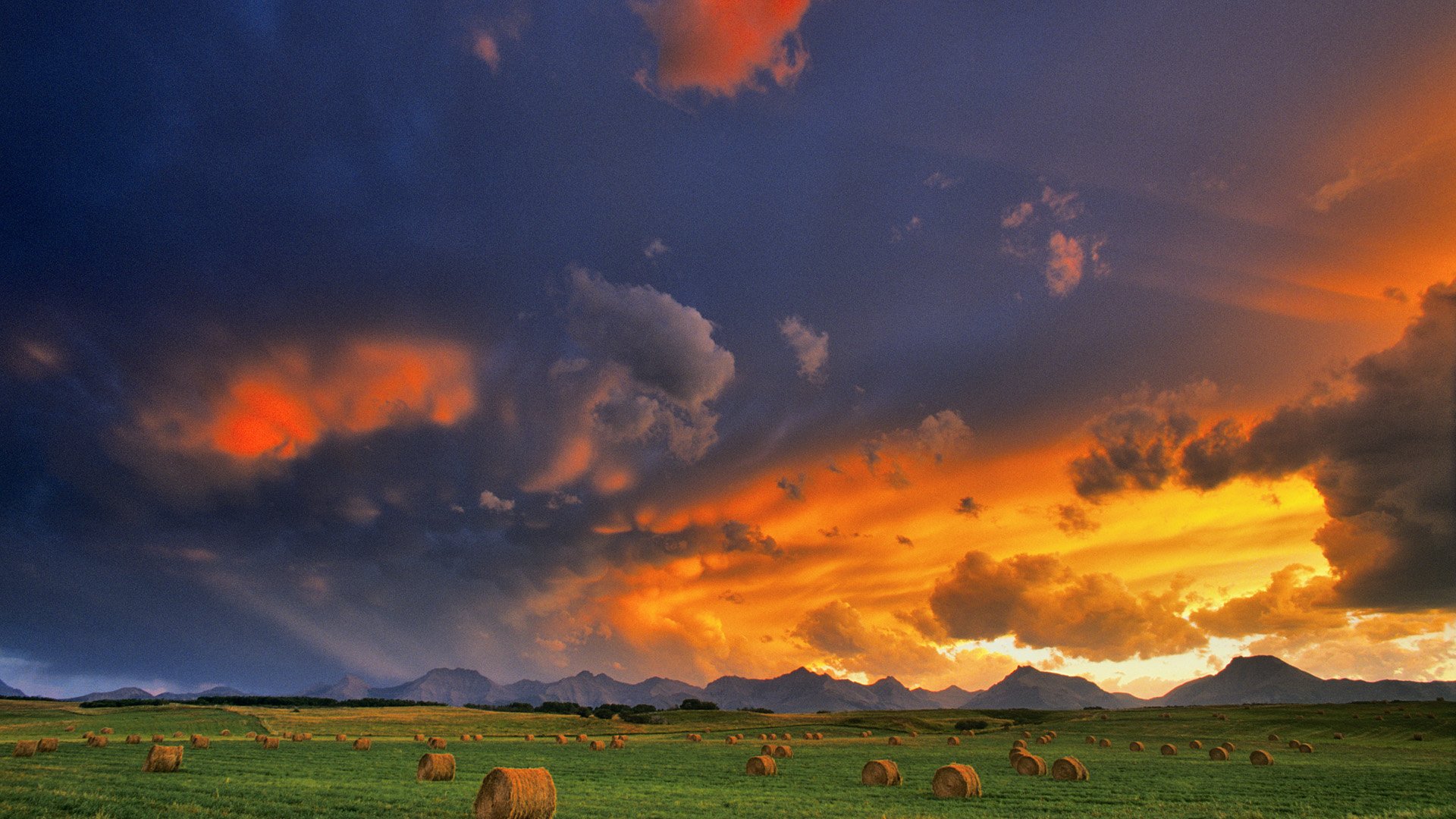 HD PC desktop wallpaper of a vibrant sunset sky over a green field dotted with haystacks, capturing the beauty of nature.