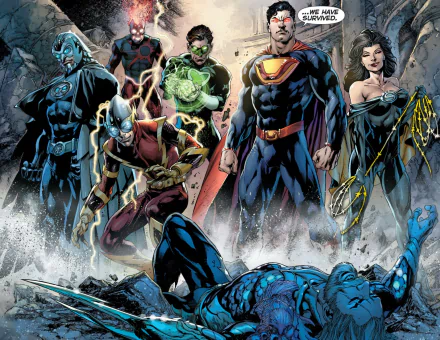 A dynamic DC Comics illustration featuring the Crime Syndicate of America, showcasing Johnny Quick, Owlman, Superwoman, Ultraman, and Power Ring against a dramatic backdrop.