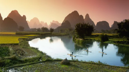 Serene landscape of the Nanling Mountains, with the Li River winding through lush greenery and karst peaks in Guangxi Zhuang, showcasing the beauty of China's nature.