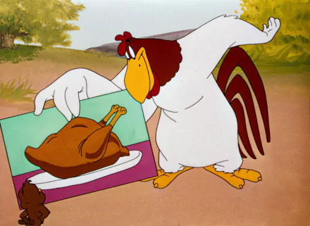HD PC desktop wallpaper featuring Foghorn Leghorn from the Looney Tunes TV show holding a picture of a cooked turkey.