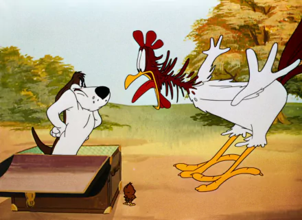 HD PC desktop wallpaper featuring Foghorn Leghorn and a dog from the Looney Tunes TV show in a colorful outdoor scene.