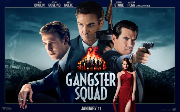 HD desktop wallpaper featuring Sean Penn, Ryan Gosling, Josh Brolin, and Emma Stone in the gangster movie Gangster Squad with a dramatic city backdrop.