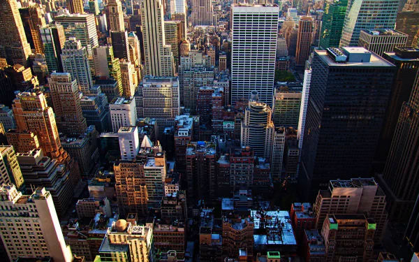 HD desktop wallpaper of Manhattan's dense skyscrapers in New York, showcasing the vibrant and man-made cityscape.