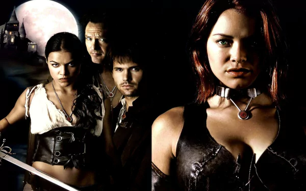 High-definition desktop wallpaper featuring characters from the movie Bloodrayne, showcasing a dark, supernatural theme with intense expressions and dramatic lighting.
