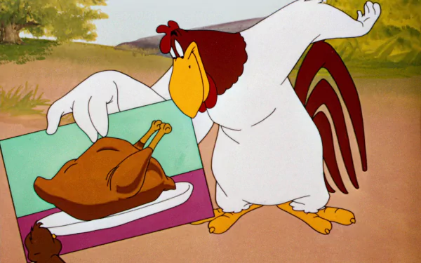 HD PC desktop wallpaper featuring Foghorn Leghorn from the Looney Tunes TV show holding a picture of a cooked turkey.